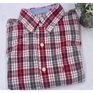 Izod Vintage Long Sleeve Red and Tan Striped Button‎ Shirt Large Tall